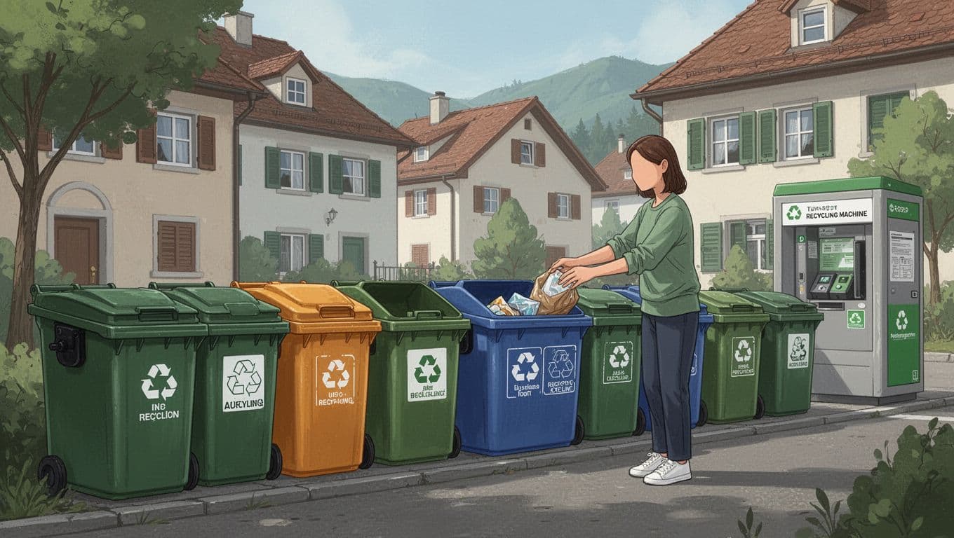 Modern illustration of a residential street in Austria featuring colorful sorted recycling bins curbside, with one person placing an item in a bin, typical European houses in soft daylight.