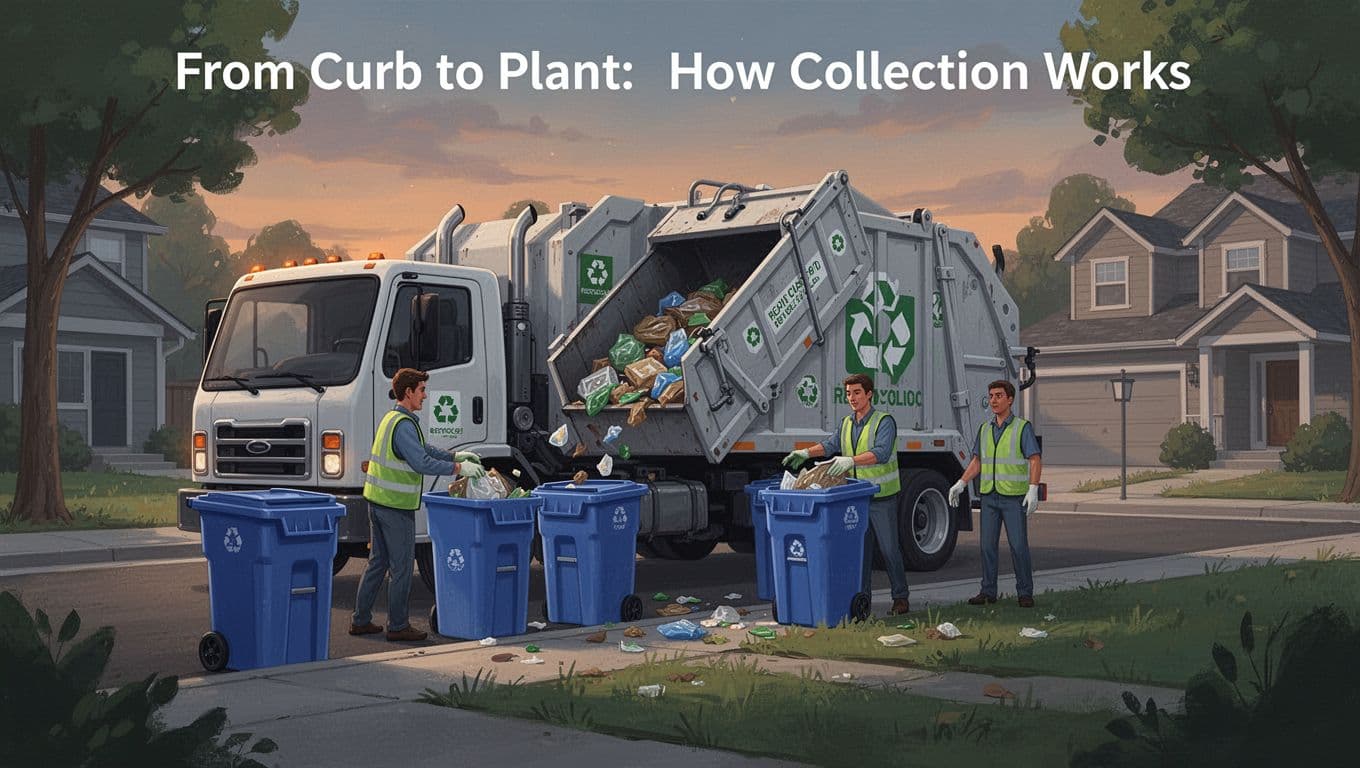 Busy recycling collection truck on a suburban street at dawn, picking up blue bins from curbside with two workers in vests tossing contents into the hopper. Modern illustration style featuring clean shapes, a controlled palette of blues, greens, and oranges, and strong composition focused on the truck and bins.