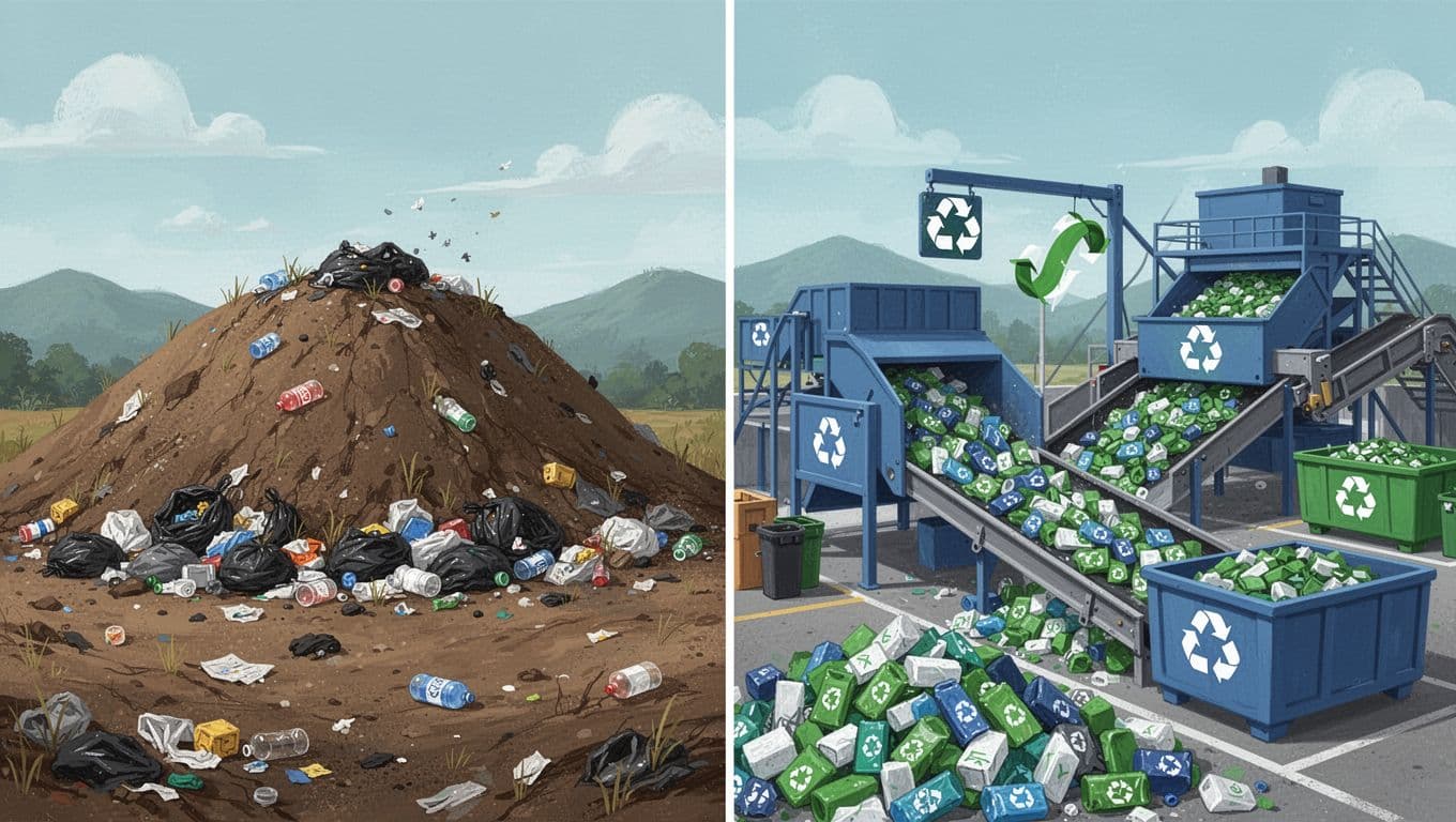 Split landscape illustration contrasting a landfill mound with buried trash on the left and a recycling plant sorting clean materials on the right, using earth tones and blues.
