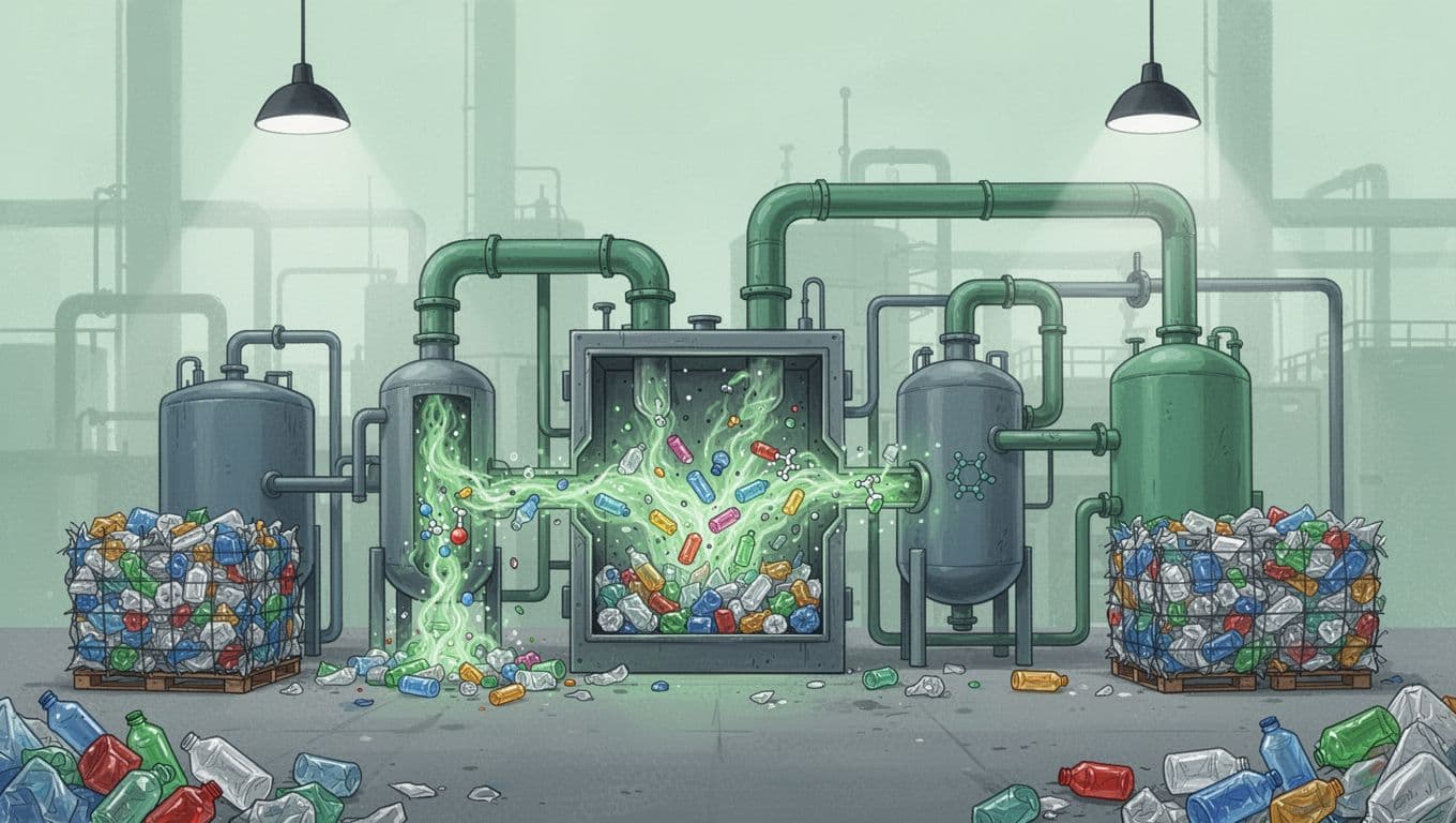 Modern illustration of a chemical recycling plant chamber breaking down mixed plastic waste with heat and chemicals into monomers, featuring pipes, vessels, input plastic bales, and industrial lighting in a side-view process flow.