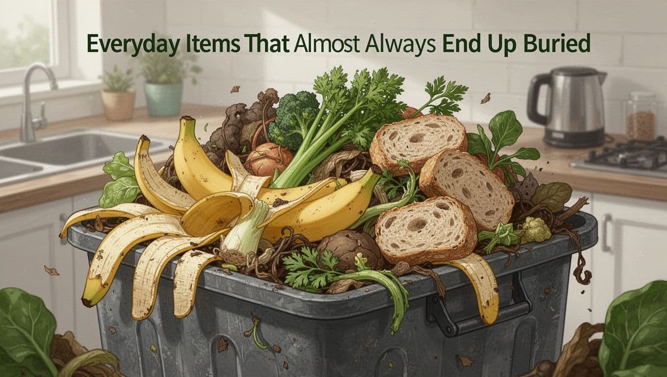 Close-up modern illustration of a pile of food scraps including banana peels, vegetable trimmings, and bread crusts overflowing from a kitchen trash bin toward landfill.