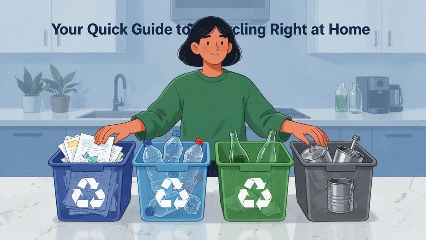 Modern illustration of a person in a relaxed pose sorting paper, plastic, glass, and metal recyclables into bins on a kitchen counter, using a clean blues and greens palette.