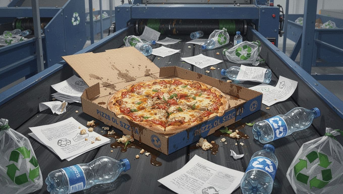A dirty pizza box covered in grease and food scraps contaminates clean paper and plastic recyclables on a conveyor belt in an industrial sorting plant. Close-up composition highlighting the mess in a modern illustration style with blues, grays, and bright lighting.