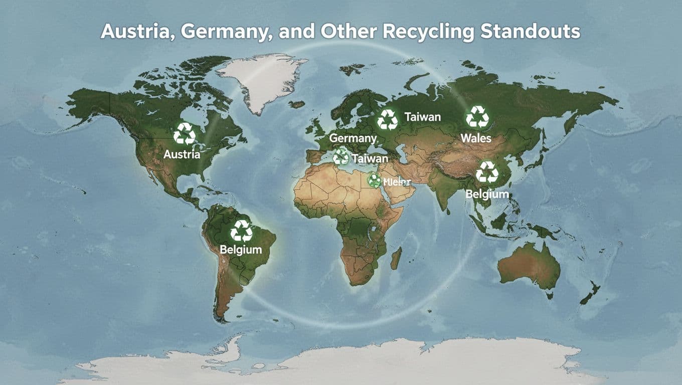 Modern illustration of a centered world map highlighting top recycling leaders Austria, Germany, Taiwan, Wales, and Belgium with subtle recycling arrow icons, soft global glow, in greens, blues, and earth tones.